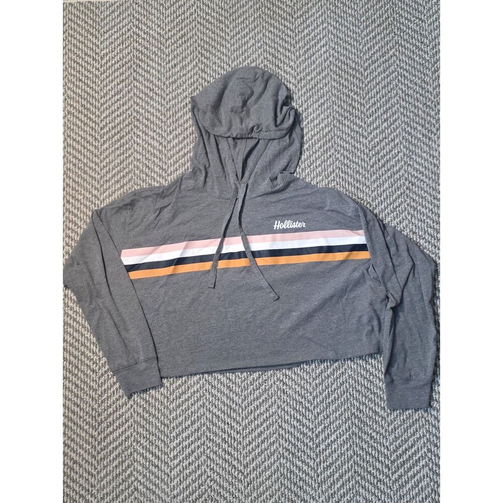 Hollister Women's Size Medium Grey Striped Crop Hoodie Boyfriend Tee